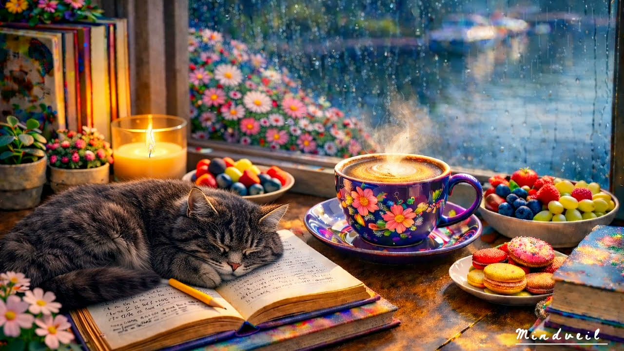 Cozy Rainy Coffee Study Ambience ☕ Soft Flute & Purring Cat (1 Hour) | Quiet Nook