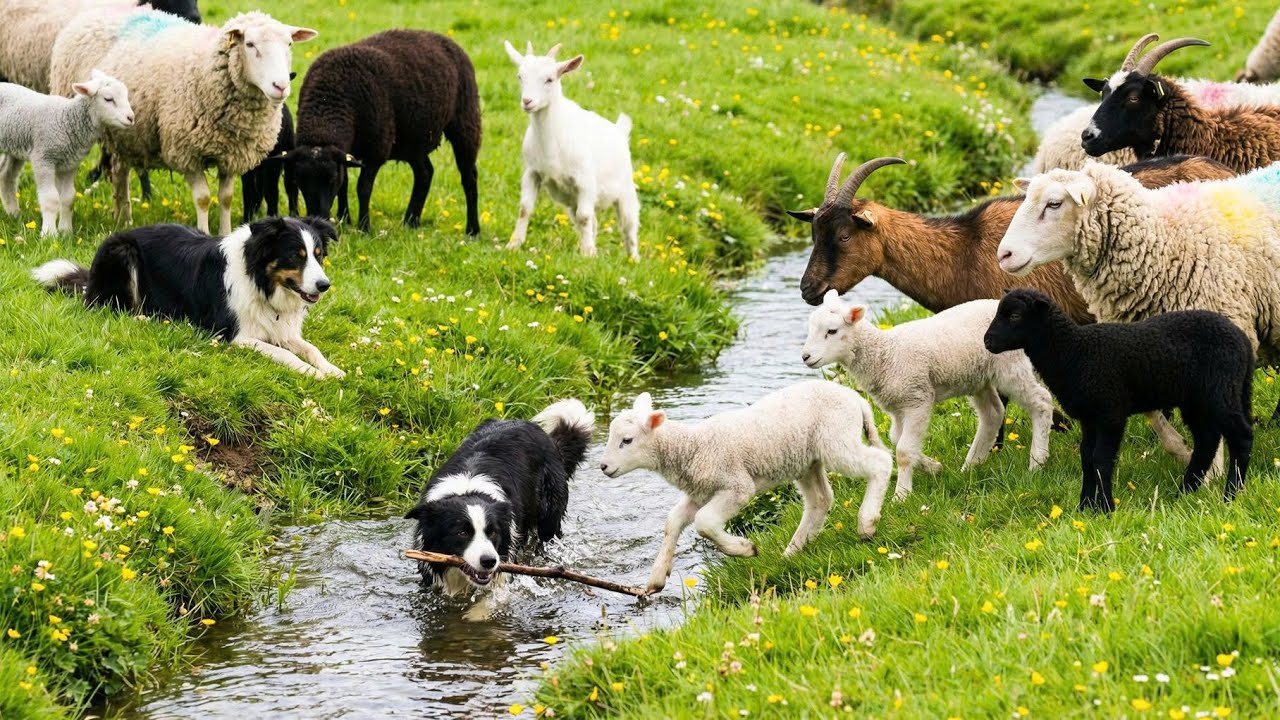 Sheep playing with dogs by the small stream - Sheep sounds - Sheep videos