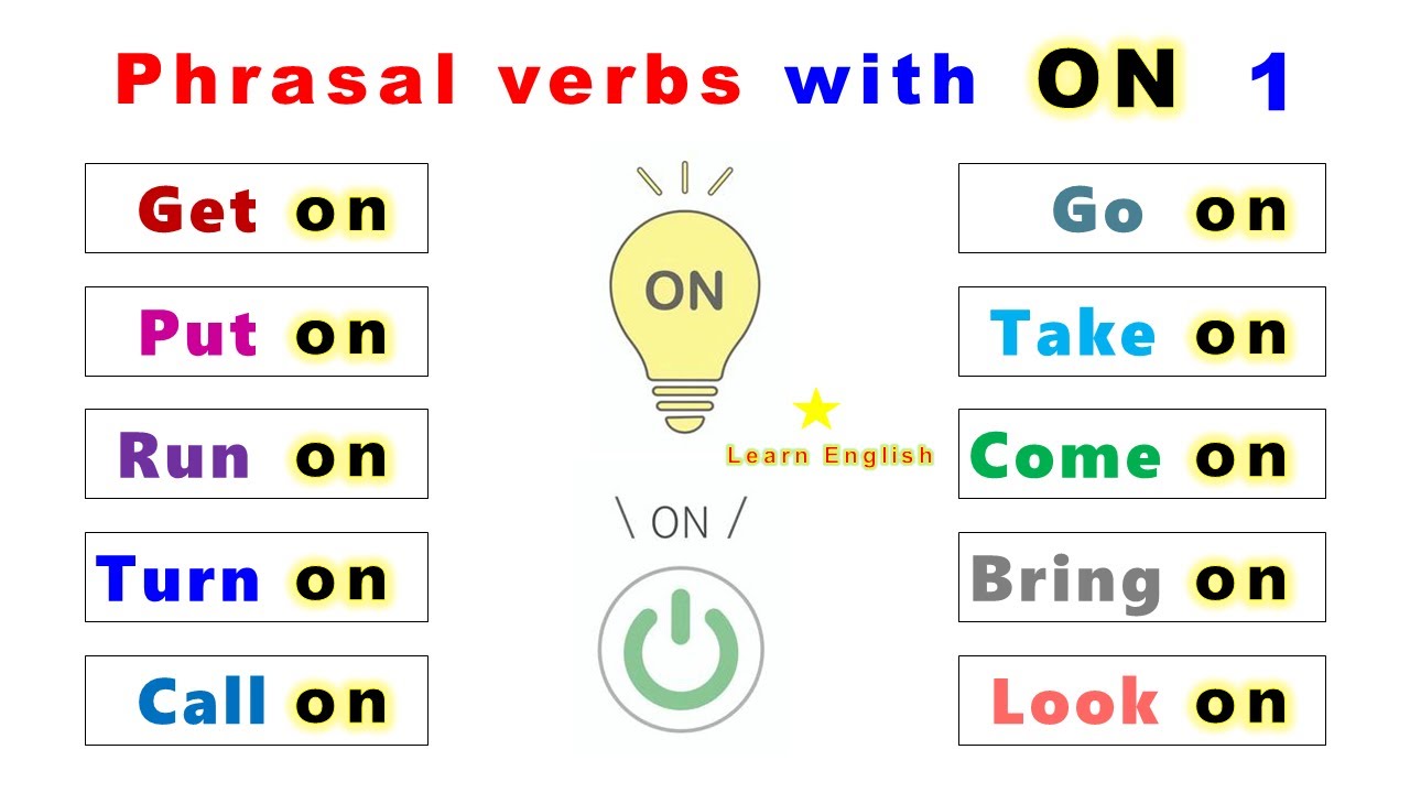 Phrasal Verbs in English grammar with ON (1): Get on, Put on, Turn on...