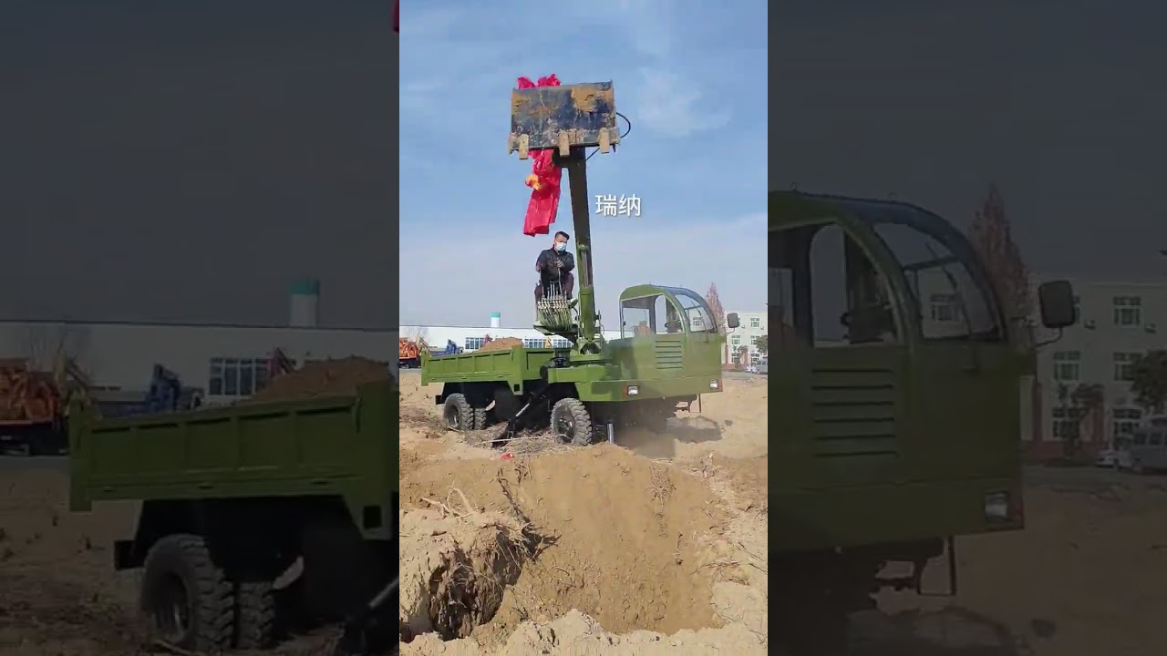 Gantry crane for lowering funeral vehicles Four-wheeled excavator with vehicle Crane-excavator i