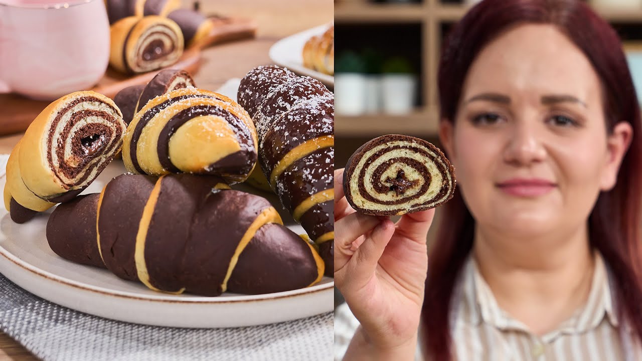 Cornuri bicolore cu ciocolata 🥐 pufoase, fragede si irezistibil de bune! 🍫