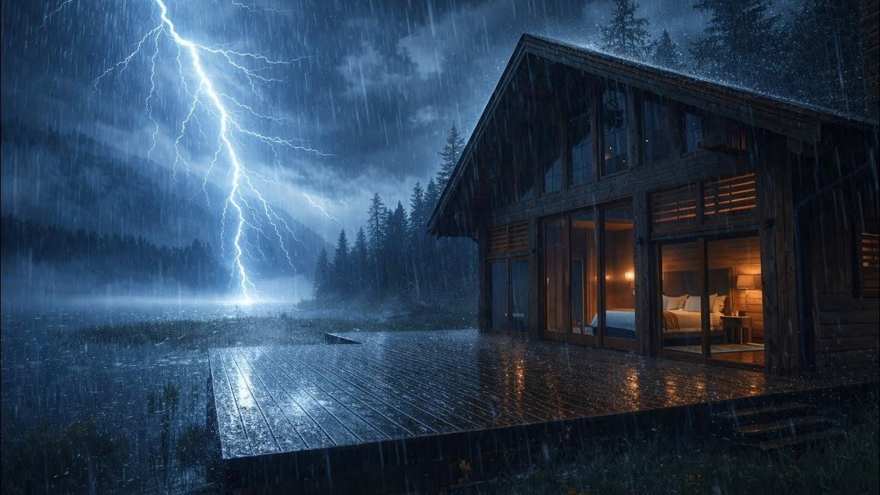 Deep Sleep Instantly | Heavy Rain on a Lake Cabin