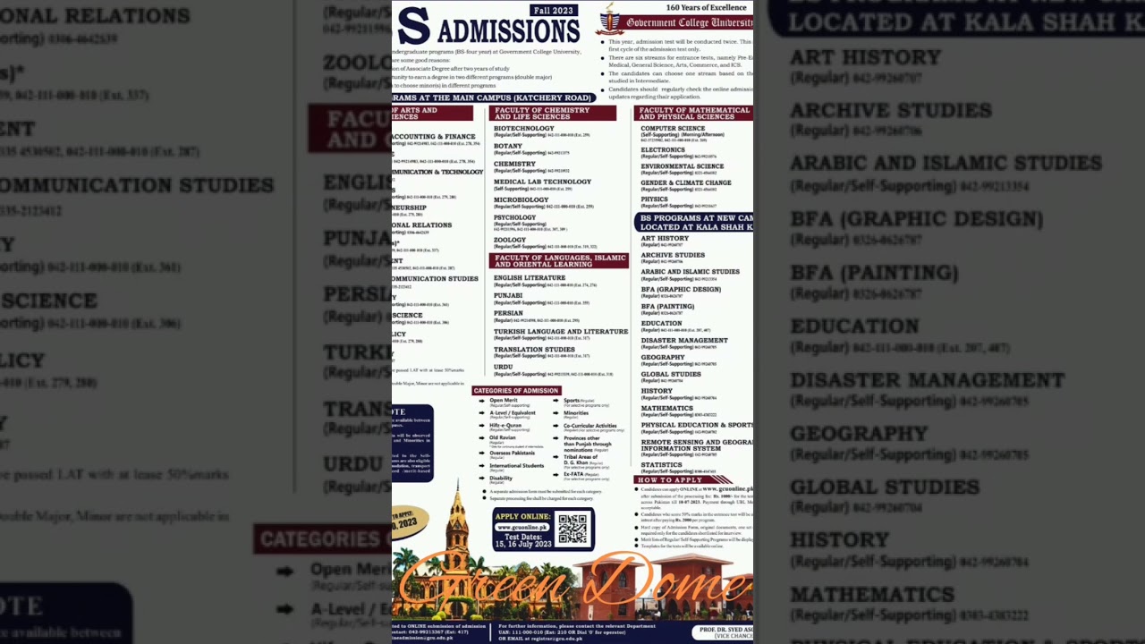 Government College University (GCU), Lahore BS Programs Admissions Fall 2023