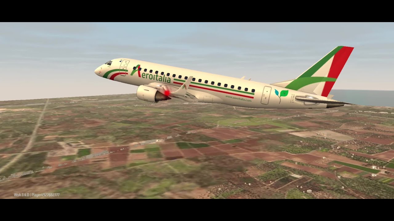 EMBRAER E175, original livery of Aeroitalia, Milan, Italy from Bari Airport. Taxiing and takeoff.