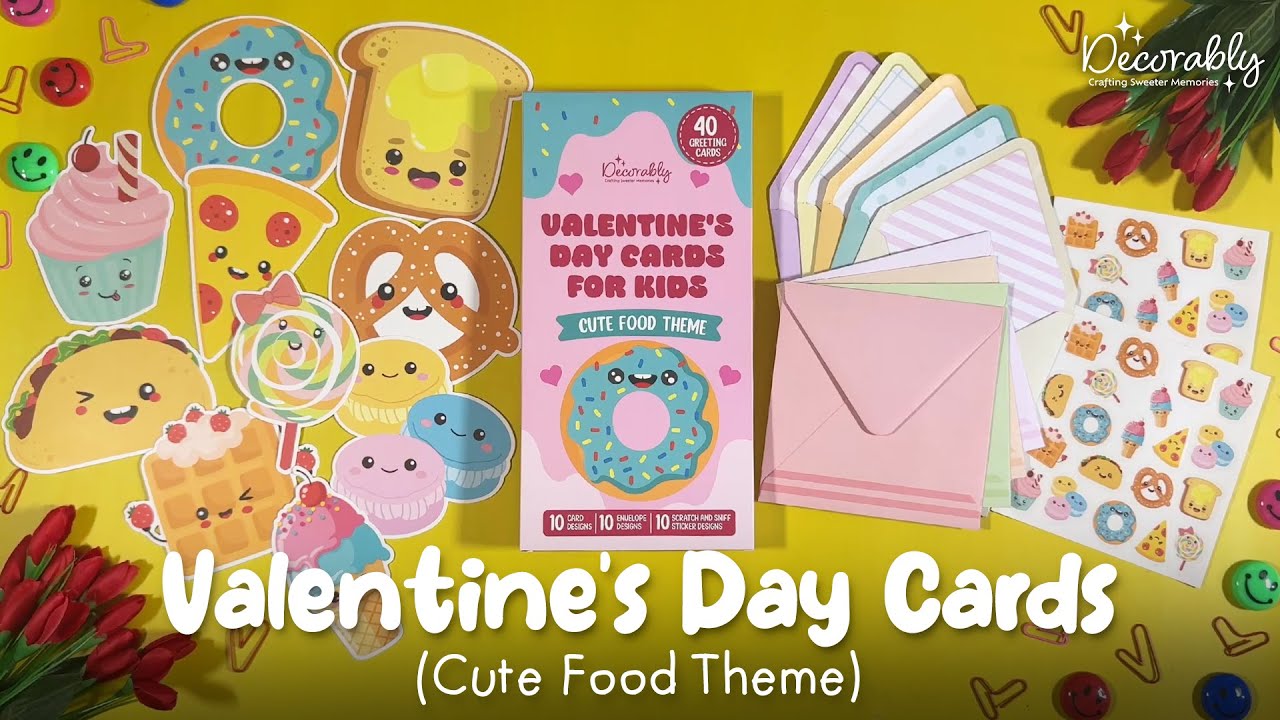 40 Kids’ Valentines Cards 🍓 Cute Food Theme | Funny Classroom Set with Envelopes + Scented Stickers!