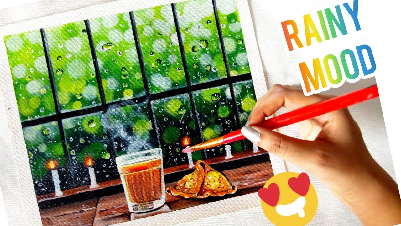 Paint with me # 13  | Acrylic Painting for beginners|| Rain |Tea  | Samosa || Relaxing Mood l