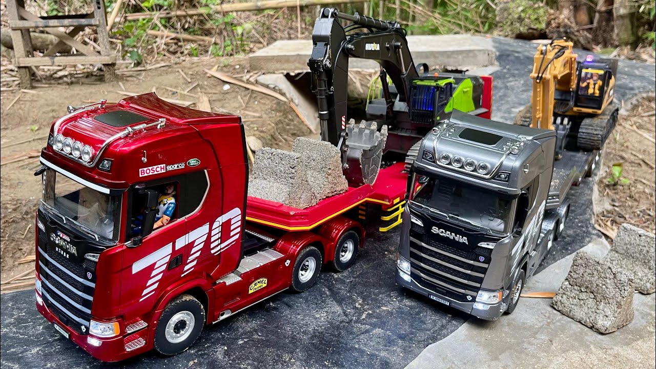 SPEKTAKULER‼️ Delivery 2 Excavator Huina with Truck Trailer Huina Scania 1501