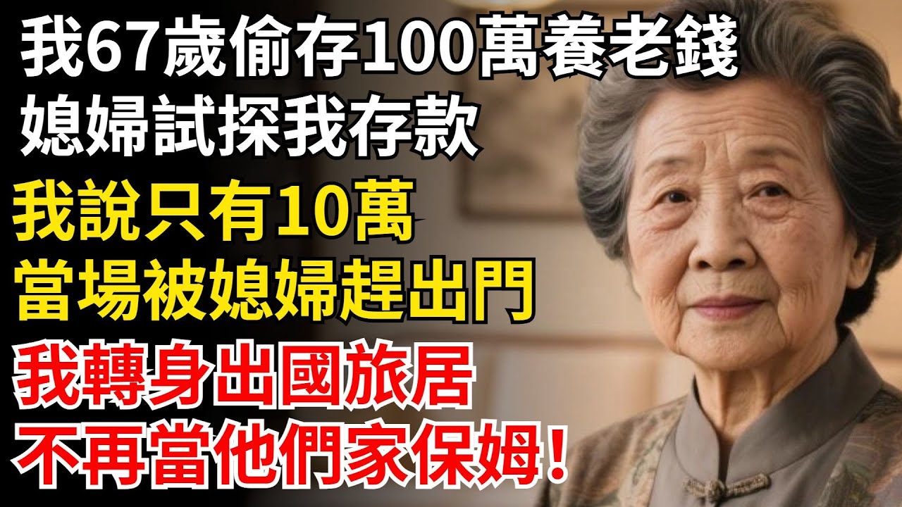 我67歲偷存100萬養老錢，媳婦試探我存款，我說只有10萬，當場被媳婦趕出門，我轉身出國旅居，不再當他們家保母！#晚年生活#中老年生活#為人處世#生活經驗#情感故事#幸福人生#上了年紀該明白的事