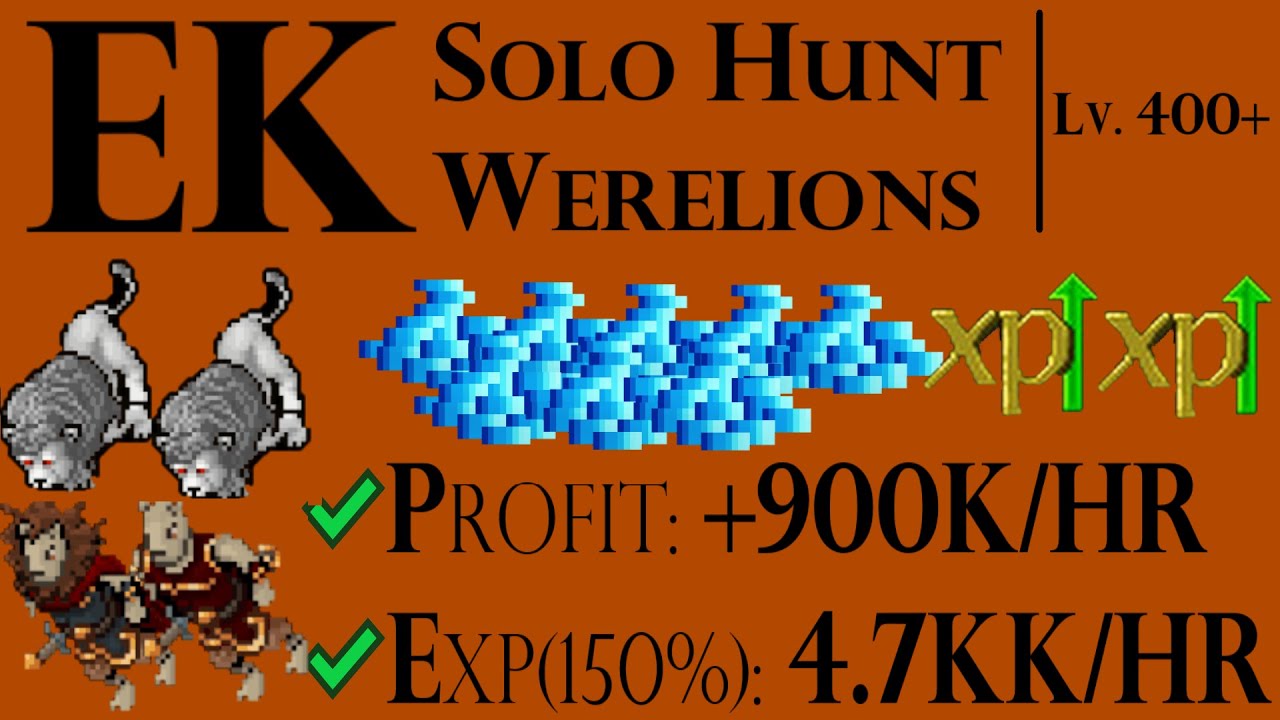 EK - Solo Hunt Werelions  PROFIT: +900k/hr  EXP (150%): 4.7kk/hr  (post rebalanceo de vocaciones)