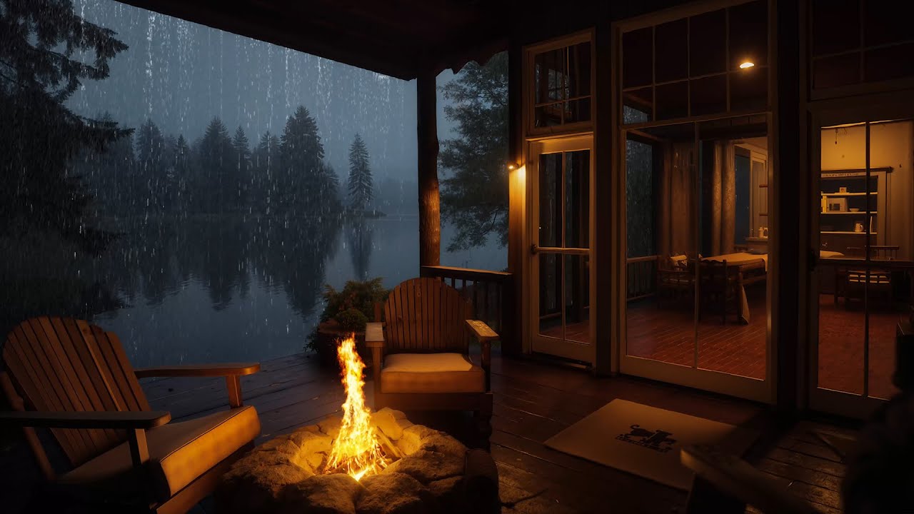 Relaxing Rain and Fireplace for Sleep | Wooden Cabin by the Lake with Forest Night Ambience