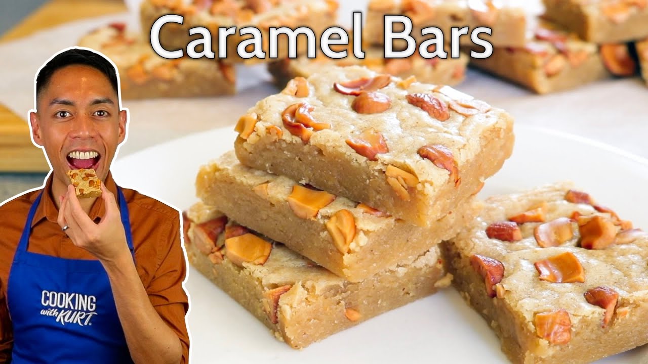 Red Ribbon Caramel Bars: Sweet and Chewy Bars Topped with Toasted Cashews | Cooking with Kurt