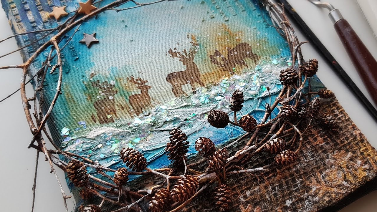 Nature Inspired MIXED MEDIA CANVAS with Twigs & Alder Cones in Winter Colors