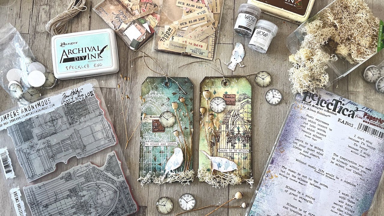 Tag Time - assemblage tags with embossed stamping