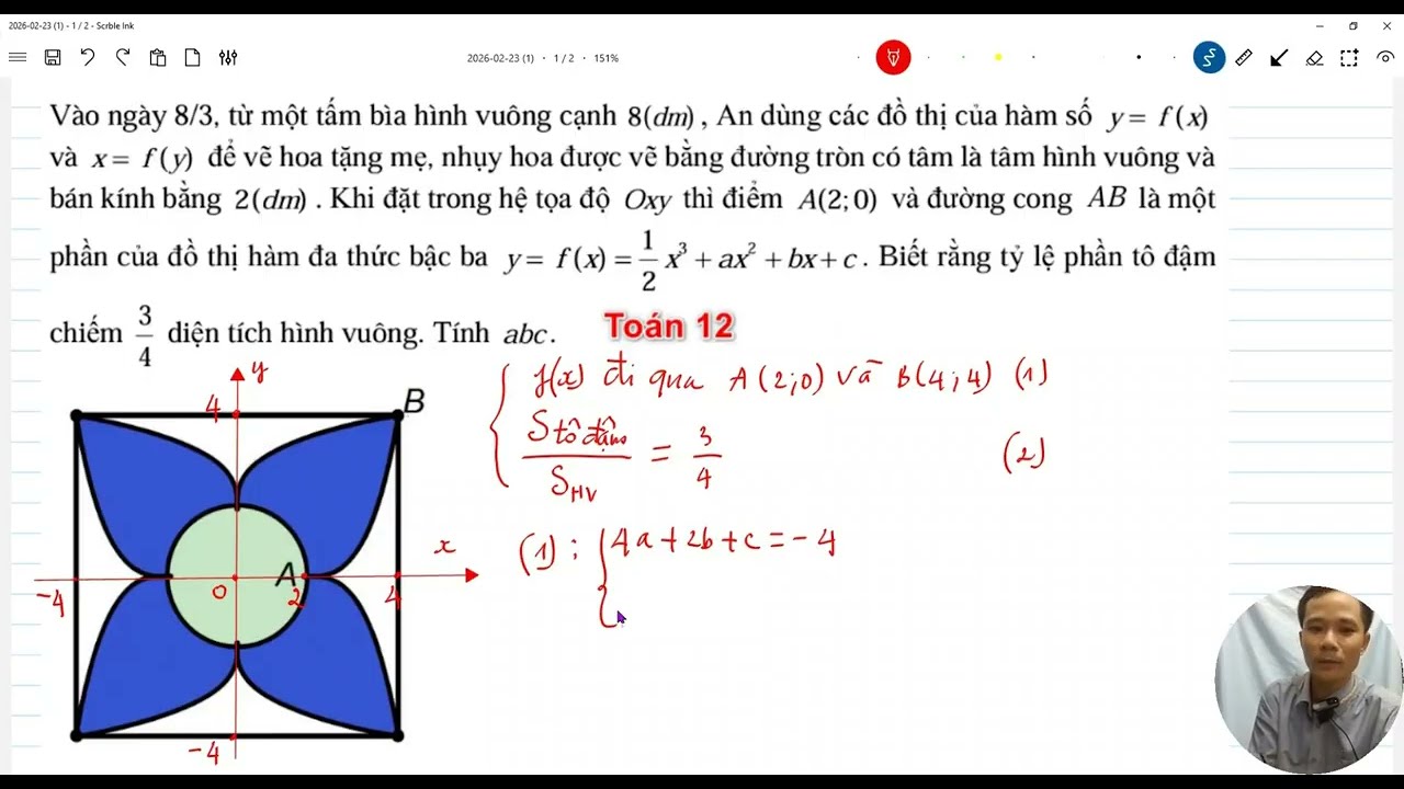 Bậc ba f(x)=1/2 * x^3 + a*x^2+bx + c. Biết rằng tỷ lệ phần tô đậm chiếm 3/4 diện tích hình vuông
