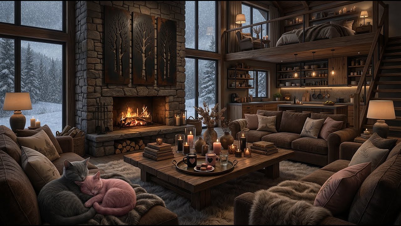 Winter Snow & Crackling Fireplace in the Canadian Plains — Sleeping Cats (Series No. 5)