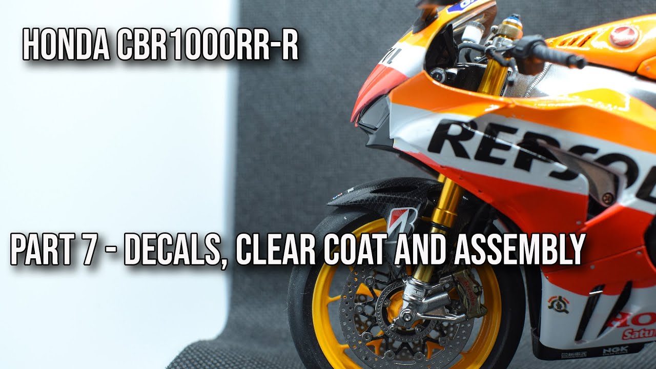 Tamiya Honda CBR1000RR-R Repsol Build Part 7. Decals, clear coat and final assembly.