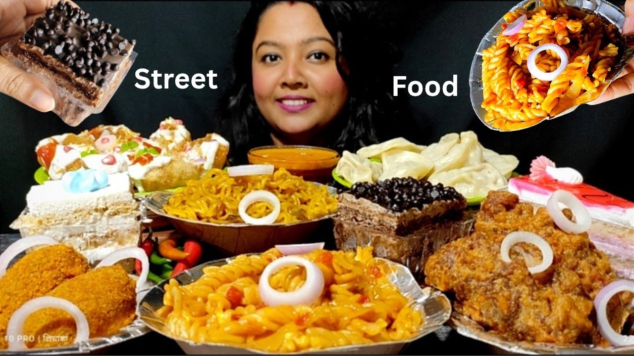 Mukbang Street Food Dahipuri, Chicken Momo, Pasta, Maggi Noodles, Veg pakoda, Pastries