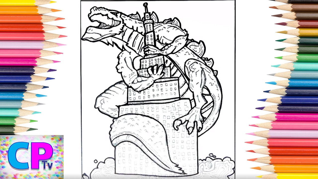 Godzilla Coloring Pages ,Godzilla Sits On The Top of Skyscraper and Ready for Action