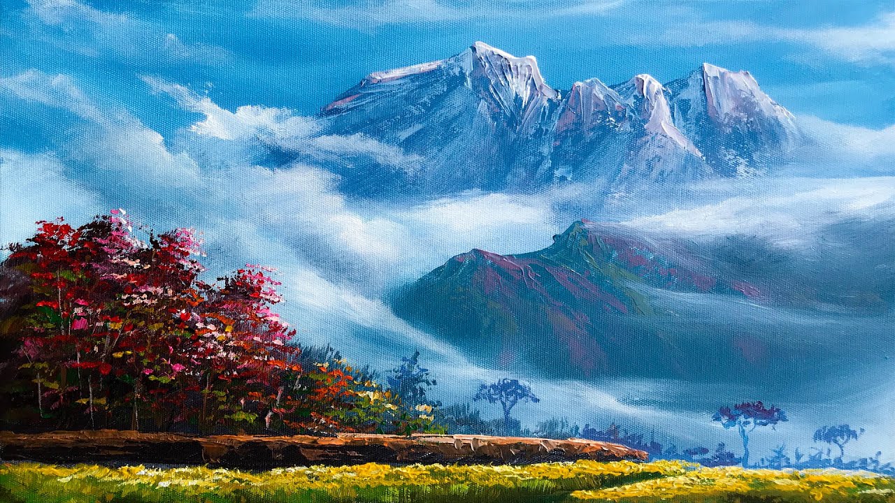 Misty Mountain and Red Flowering Trees | Acrylic Landscape Painting | Art Candy Nepal