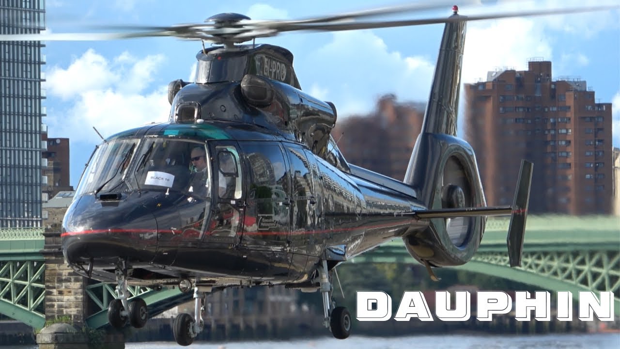 Executive Helicopters AS365N Dauphin landing & takeoff at London Heliport EI-PRO