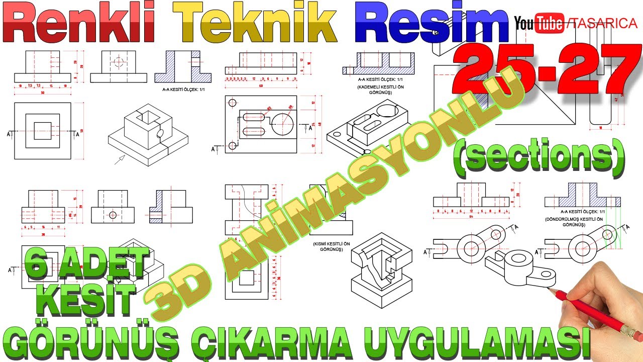 Kesitler; tam ve yarım kesit, kademeli kesit, kısmi kesit, profil kesit, döndürülmüş kesit UYG.25-27