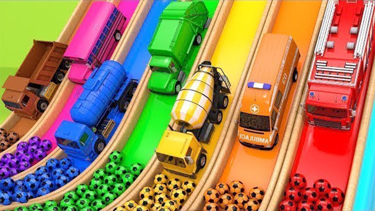 Learn Colors with 7 Street Vehicles and Surprise Soccer Ball Flying Toy Cars Pretend Play for kids