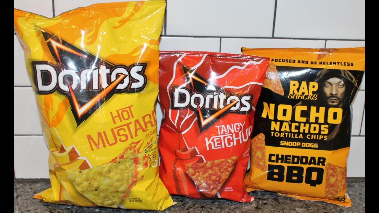 Doritos Hot Mustard, Tangy Ketchup, Rap Snacks Snoop Dogg Nocho Nachos Cheddar BBQ Tortilla Chips