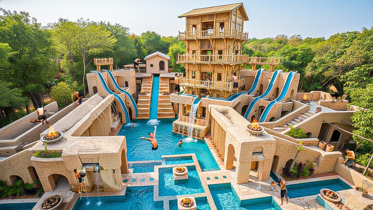 250 Days Building an Epic Multi-Tier Water Slide with a Bamboo Tower on Top of a 100m-High Structure