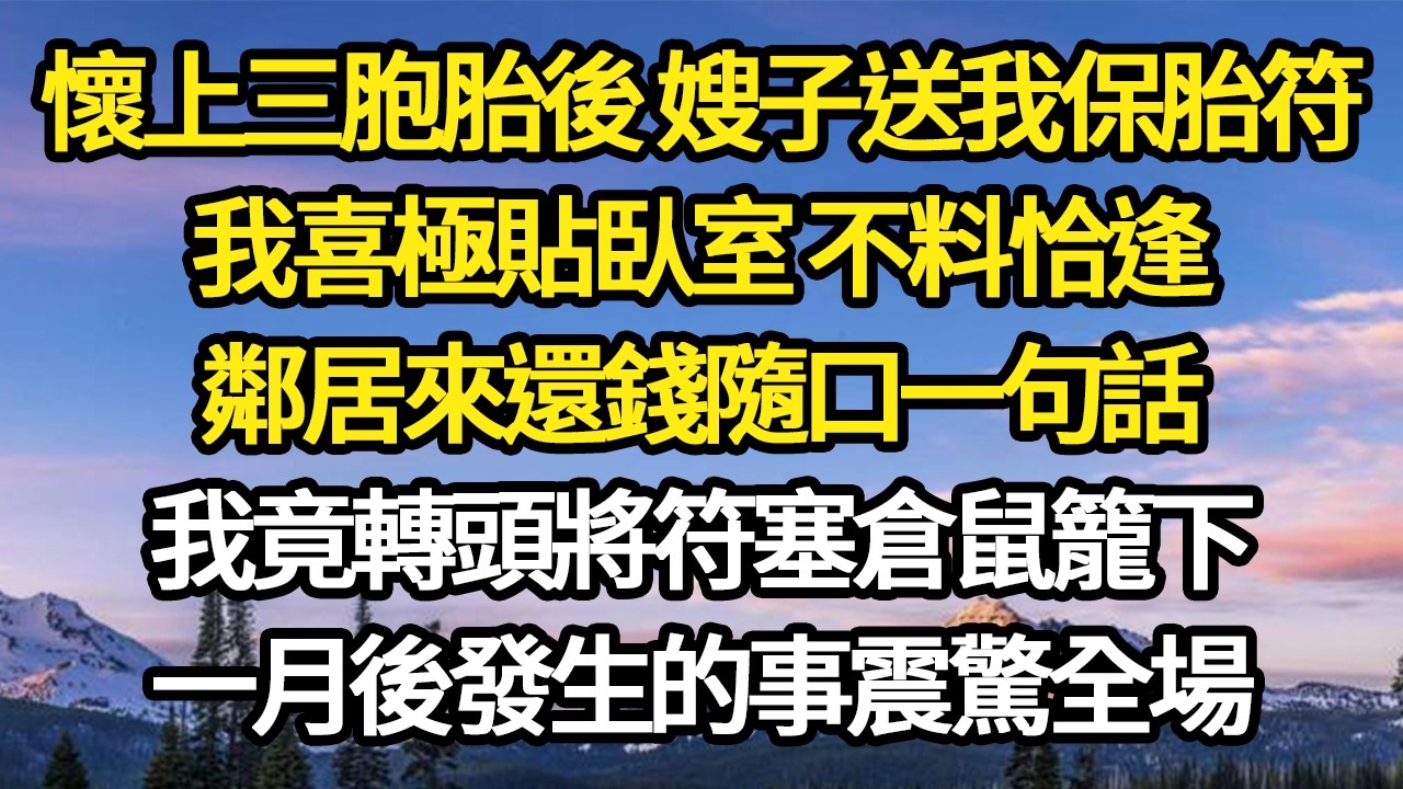懷上三胞胎後 嫂子送我保胎符，我喜極貼臥室 不料恰逢，鄰居來還錢隨口一句話，我竟轉頭將符塞倉鼠籠下，一月後發生的事震驚全場#故事#悬疑#人性#刑事#人生故事#生活哲學#為人哲學