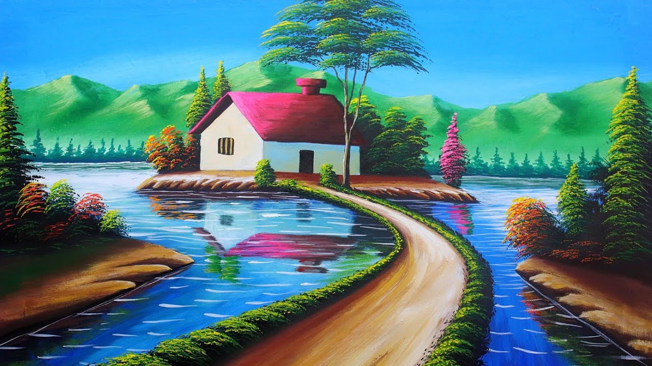 Indian Village and nature drawing painting | Scenery drawing