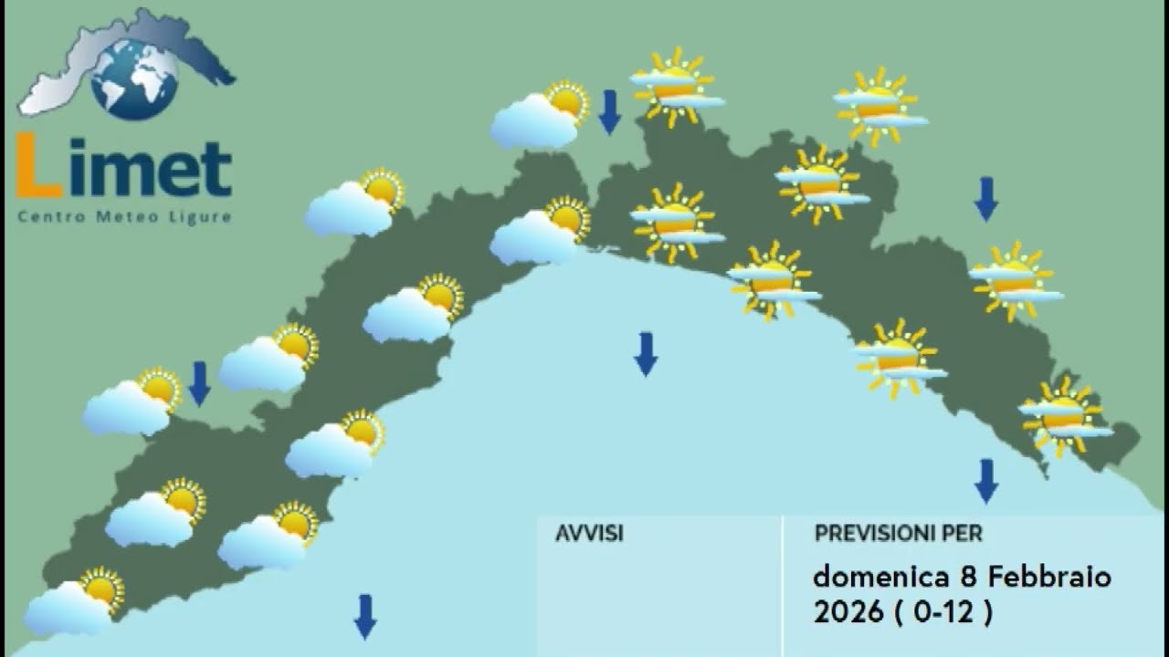 Previsioni Meteo Limet per Domenica 8 Febbraio 2026 in Liguria