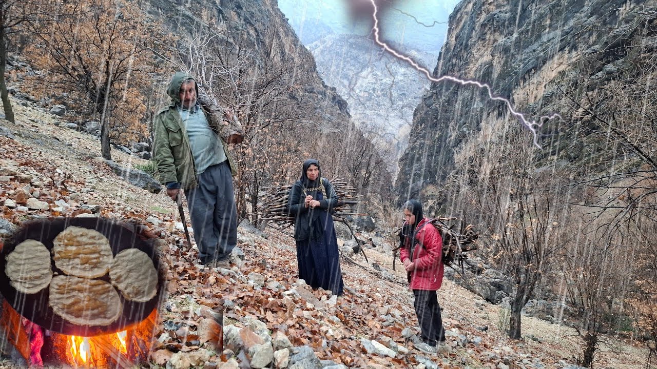 LSurvival in a cave under deadly rain and storm | Going for firewood to survive