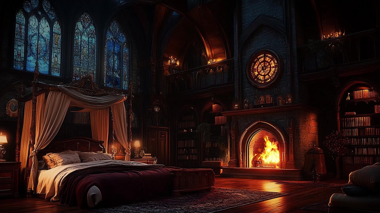 🌙🏯 Relaxing Rain Sounds in a Romantic Castle Bedroom | Rain on Windows & Fireplace | Sleep & Focus