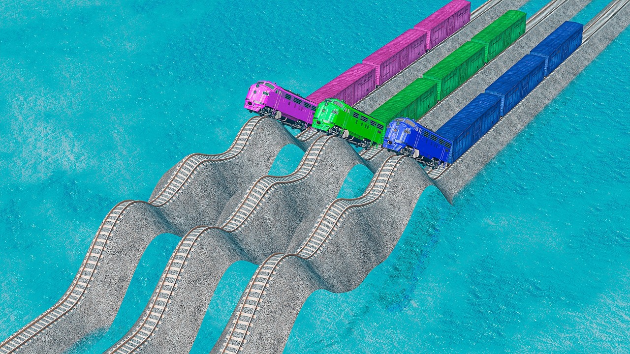 Triple Colorful Trains Vs Wavy Impossible Weird Rails Tracks Crossing Deepwater | BeamNG.drive