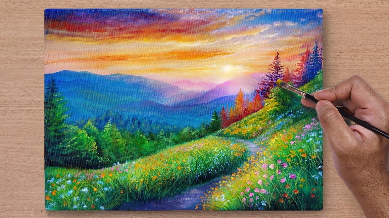 Sunset Flower Valley / Acrylic Painting / STEP BY STEP #48