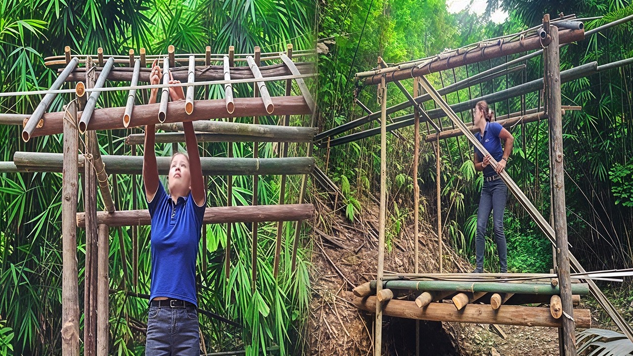 Single Mom Survival: Building a Bamboo House Shelter to Protect My Kids from Storms (Heavy Rain)