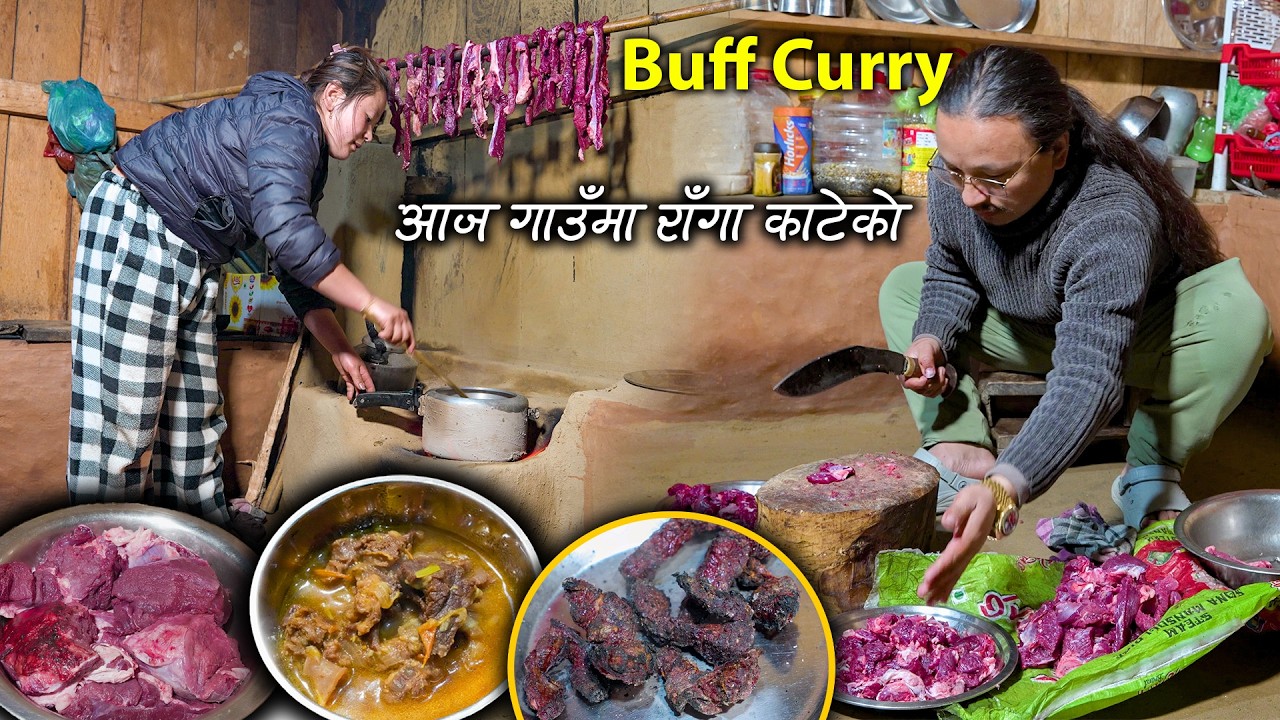 Buff cutting & making curry with rice || Village Style Buff cutting, cooking & eating || Buff recipe