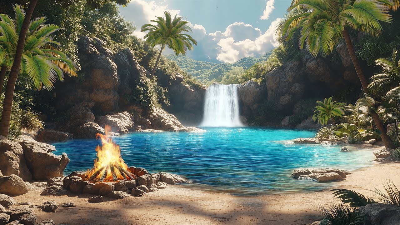 Tropical Lagoon Sounds | Crackling Fire, Seabirds & Water Ambience for Deep Sleep & Focus [4K]