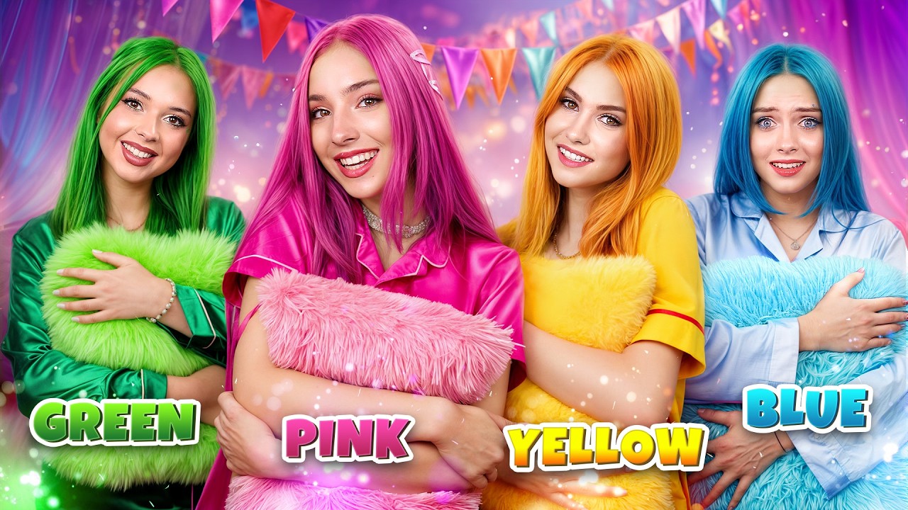Ragazza rosa vs blu vs gialla vs verde! Pigiama party con sfida monocolore!