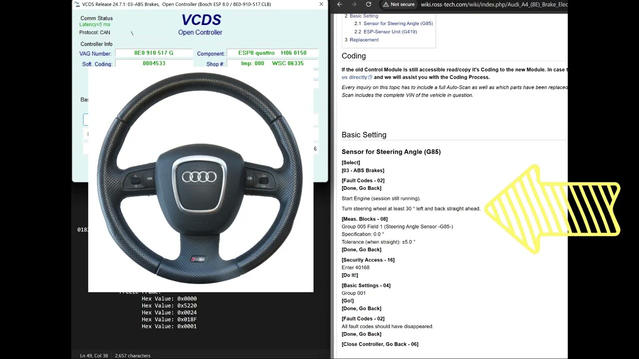 Калибровка/кодирование датчика угла поворота рулевого колеса Audi B7 RS4