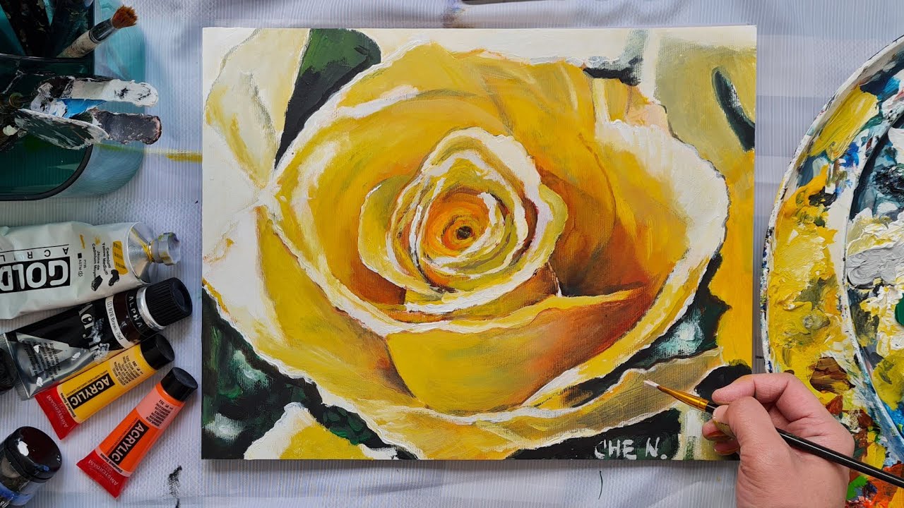 Gorgeous Yellow Rose Acrylic Painting Tutorial by Cheryl Navarro 💛