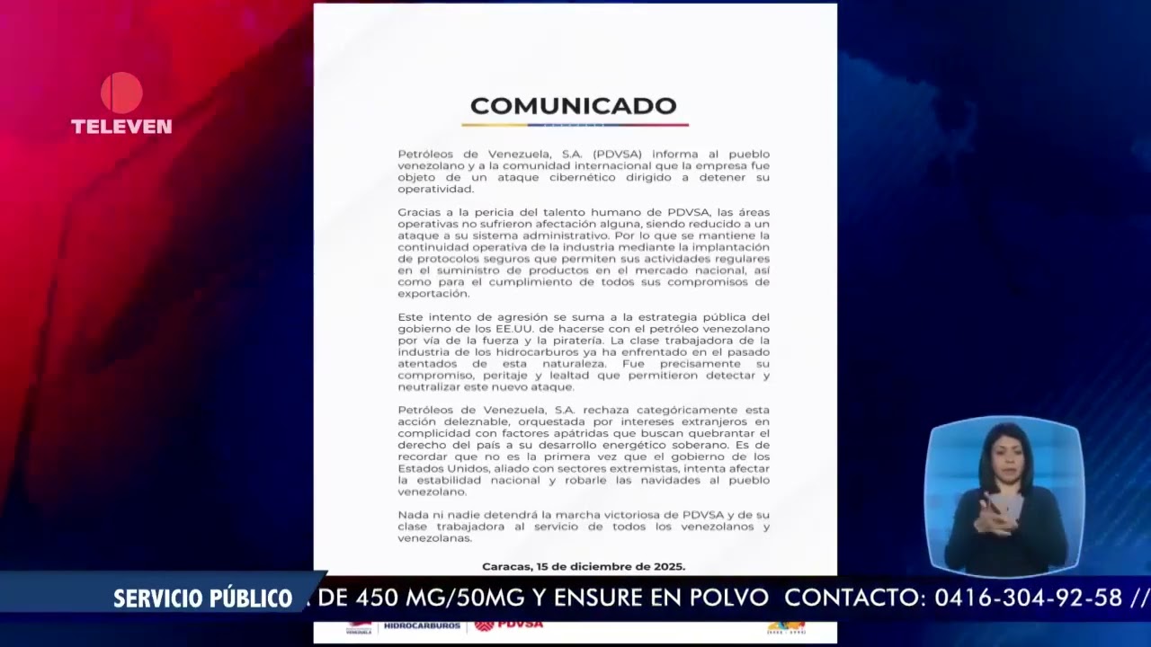 PDVSA alert&oacute; sobre ataque cibern&eacute;tico &ndash; El Noticiero emisi&oacute;n meridiana 15/12/25