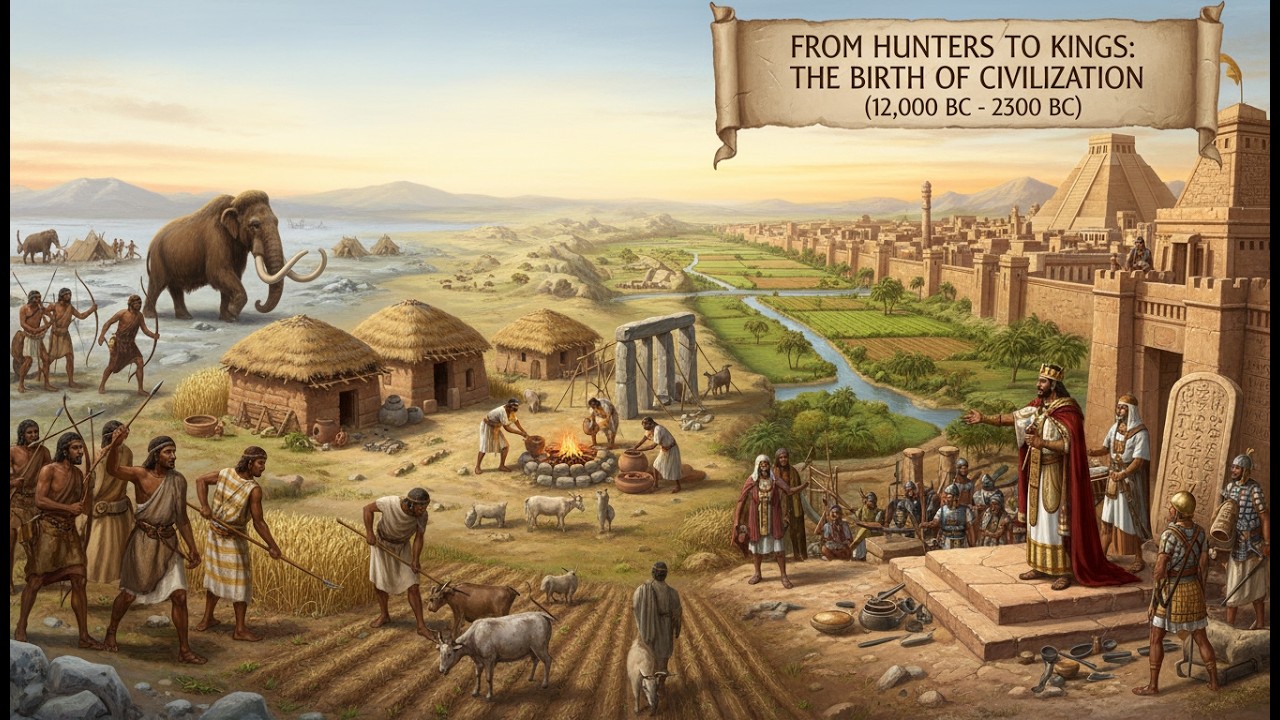 From Hunters to Kings: The Birth of Civilization (12,000 BC - 2300 BC) (AI Reconstruction)