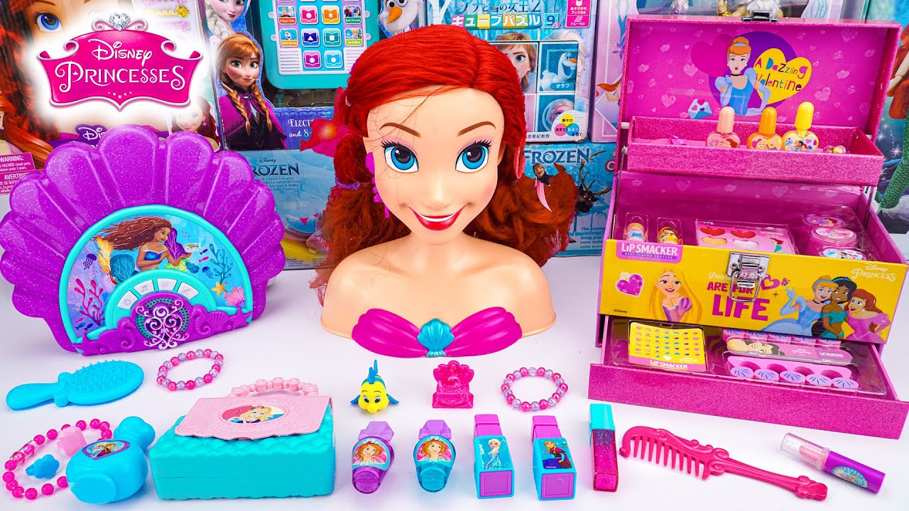 Unboxing Cute Disney Princess Ariel Styling Head Playset ASMR | Pink Beauty Makeup Set Review