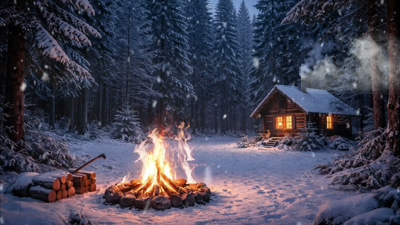 🎧 Deep Sleep Music | Snowy Forest Night, Campfire & Cozy Cabin Ambience | Calm Blue Night