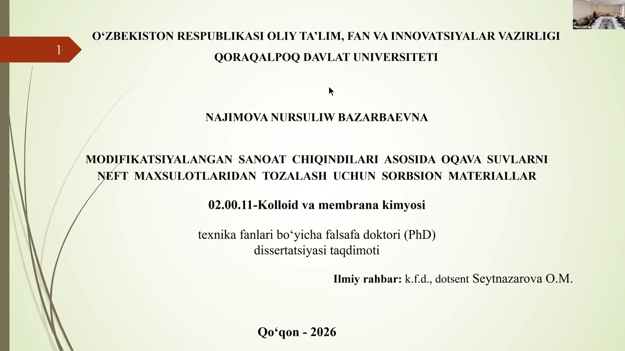 N.B.Najimovaning texnika fanlari bo'yicha PhD dissertatsiyasi ishi himoyasi 07.03.2026