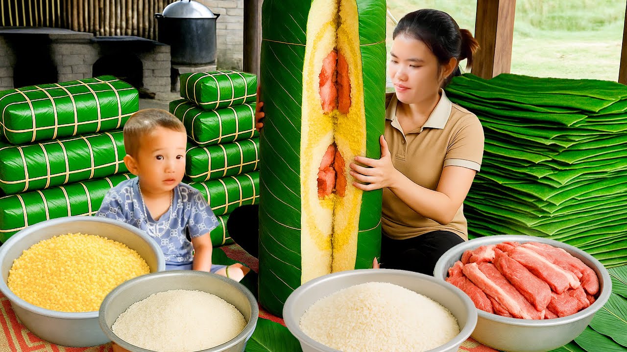 How to Make Cylindrical Sticky Rice Cake (Banh Tet) to Sell at Market with Single Girl and Son