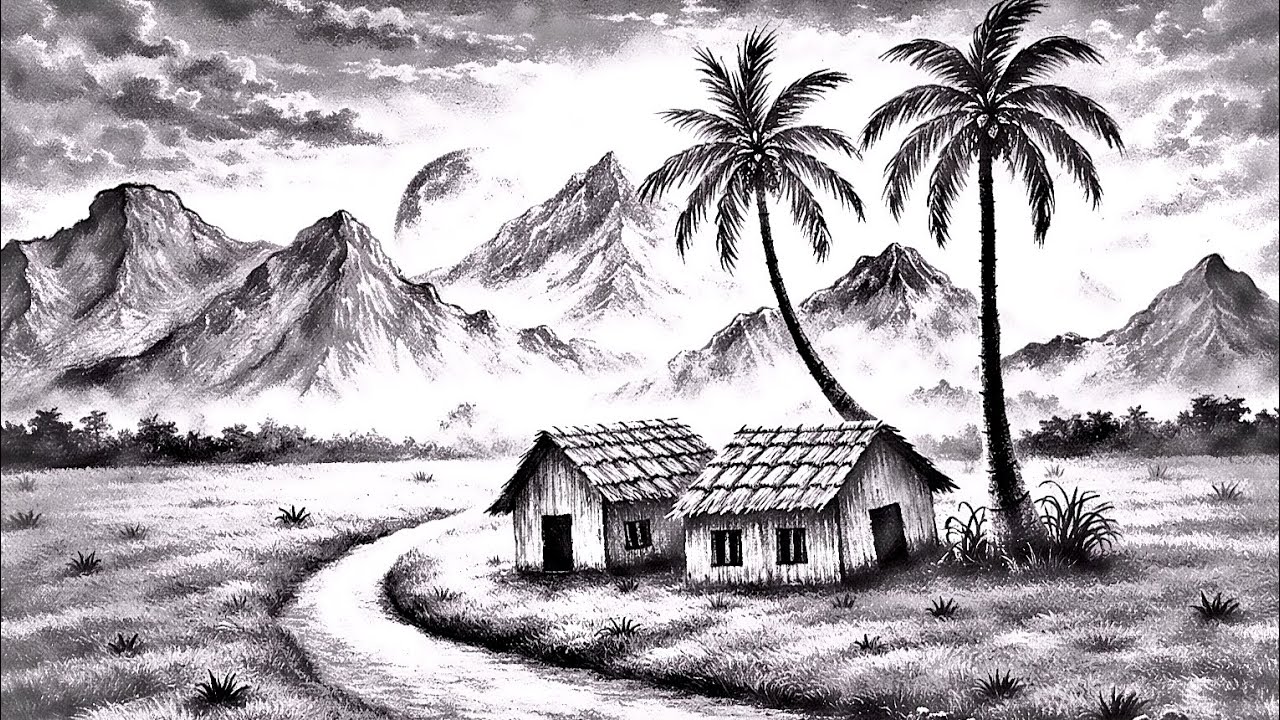 Village scenery with Hilltracks Land | How to easy Drawing | খেজুর গাছ সহ অংকন
