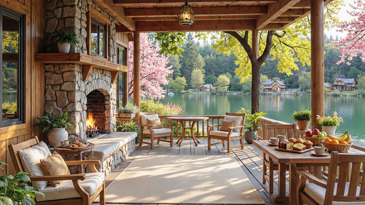 Cozy Spring Morning at the Lakeside Porch 🌸 Piano Music & Fireplace Sounds for Study