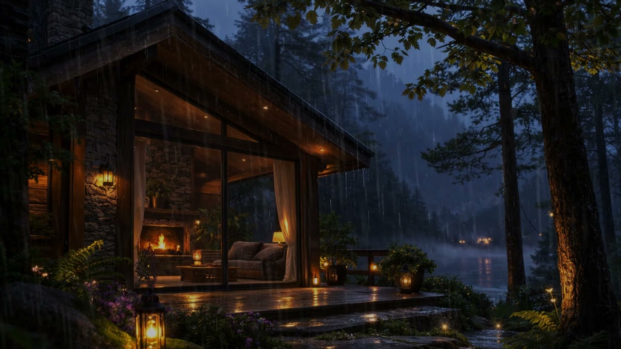 8 Hours Raint Night at a Cozy Log Cabin l Window Rain for Drrp Sleep